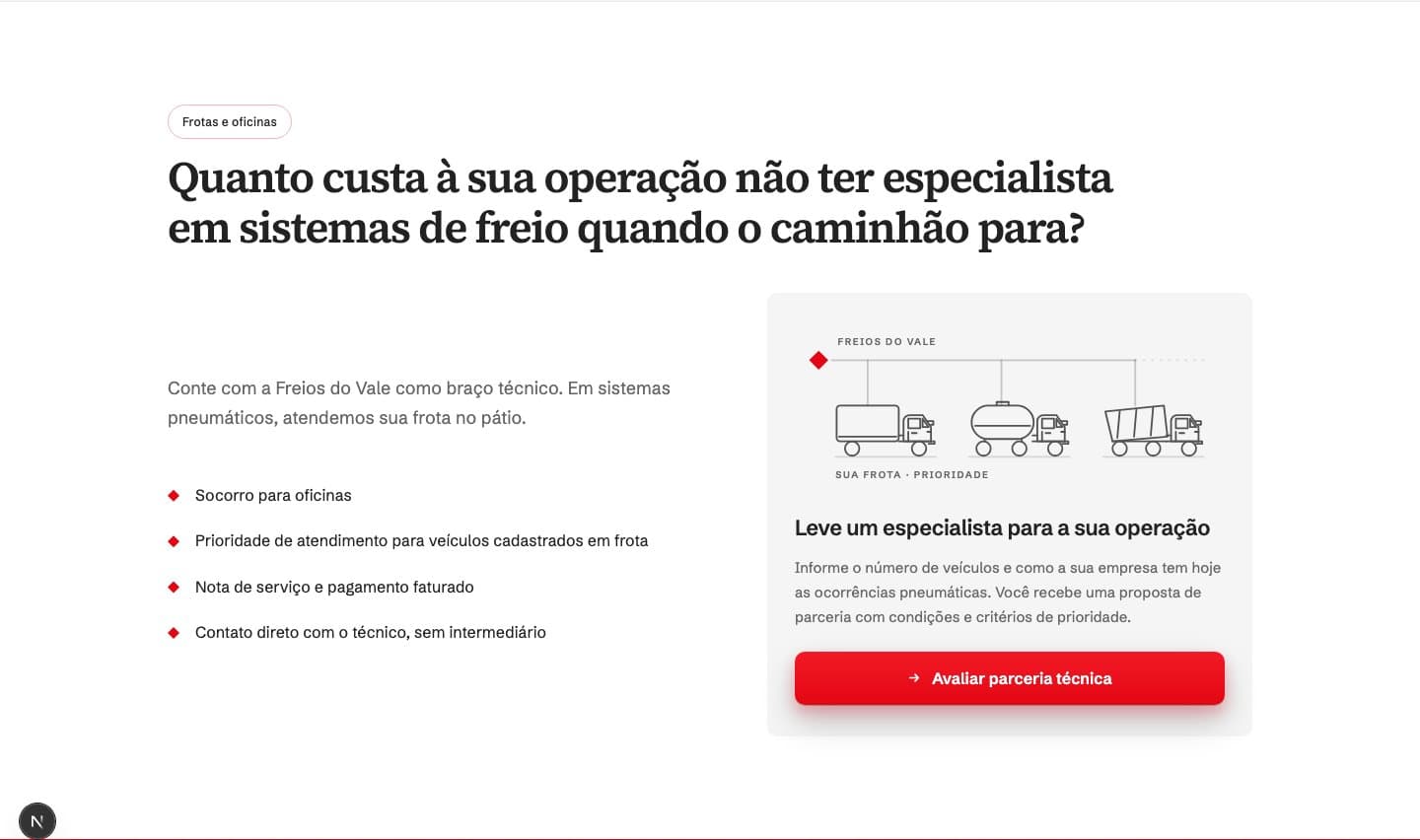 Seção de frotas e oficinas com informações de parceria e contato comercial da Freios do Vale