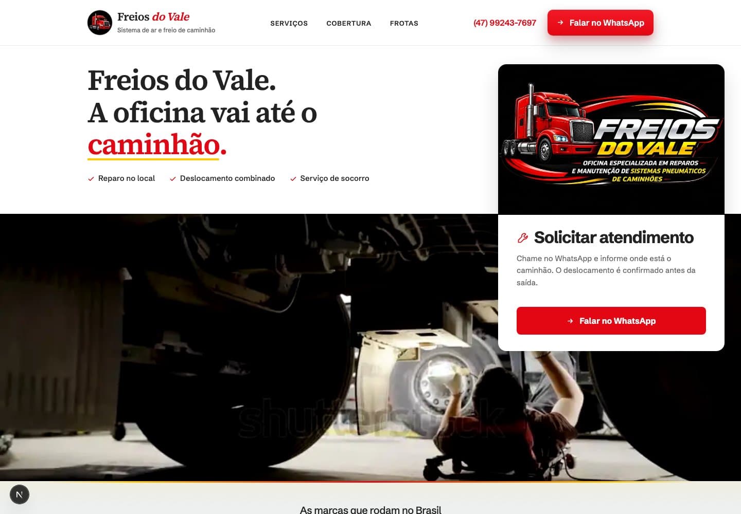 Primeira tela do site da Freios do Vale, com apresentação da oficina móvel e botão de WhatsApp