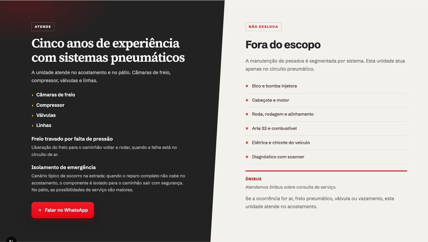 Seção do site que distingue os serviços de ar e freio atendidos dos serviços fora do escopo
